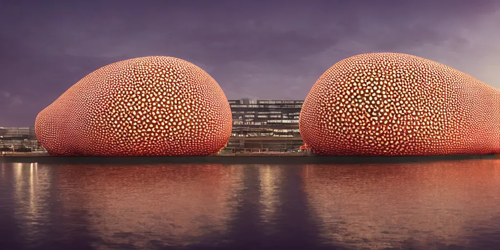 Image similar to An epic architectural rendering of a blob shaped trypophobia house with a mysterious red glow emitting from inside in a modern cityscape next to a river, hamburg elbphilharmonie, stunning, gorgeous, golden ratio, photorealistic, featured on artstation, 4k resolution