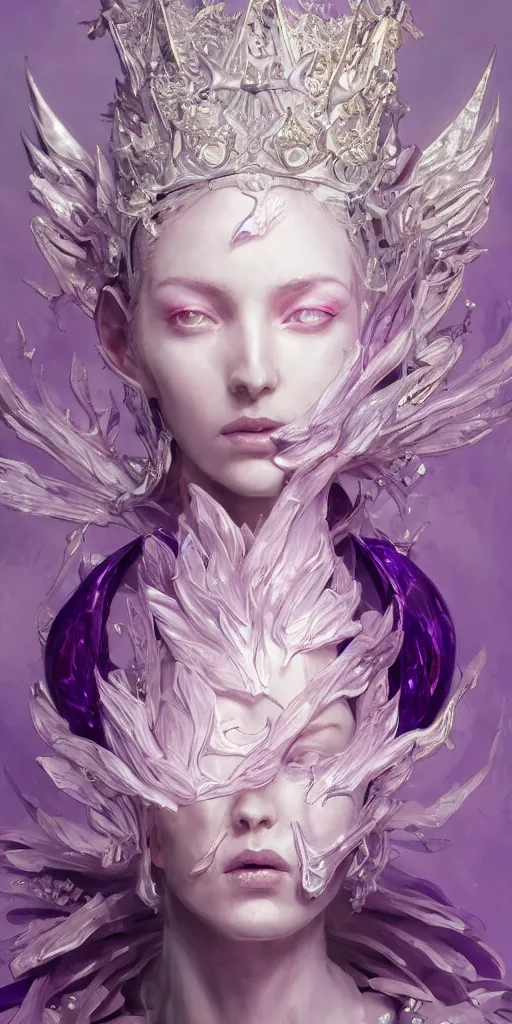 Image similar to female angel queen head wearing shiny pink crown, subtle purple accents, hyper details, black metal rococo, sculpted by Alex Alice, Craig Mullins, yoji shinkawa, trending on artstation, beautifully lit, Peter mohrbacher, hyper detailed, elite, elegant, luxury, ray of light through smoke, CGsociety, hypermaximalist, golden ratio, neofuture, volumetric, octane render, weta digital, micro details, 3d sculpture