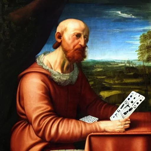 Image similar to a renaissance painting of a man playing piano with playing cards floating in the air