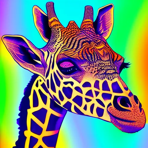 Prompt: a symmetrical neon technicolor portrait illustration of a giraffe in geometric kaleidoscopic colors trending on artstation 4 k intricate extremely detailed digital art by alex grey anime cute kawaii