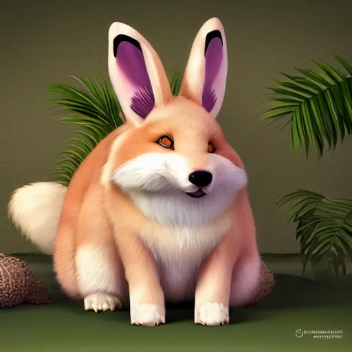 Image similar to a photorealistic adorable zany girly alluring chubby charming but vicious fennic fox wolf rabbit hybrid, with long floppy rabbit ears, wearing a bow on the top of its head, grinning at the camera with a mischievous look, sharp teeth, happy lighting, at a tropical beach