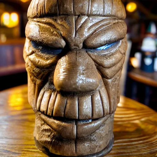 Image similar to a closeup photorealistic photograph of ben grimm's face on a tiki mug at trader vic's beach bar. fantastic four. tiki culture. bright scene. fine detail. this 4 k hd image is trending on artstation, featured on behance, well - rendered, extra crisp, features intricate detail, epic composition and the style of unreal engine.