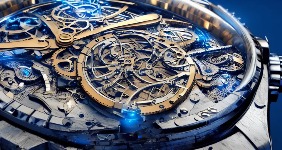 Image similar to complex 3 d render of a futuristic steampunk watch lying on a table, high detail, sharp focus, glowing blue interior components, fractal detail, depth of field, bokeh, cinematic lighting and composition, octane render, film grain, by syd mead and greg rutkowski and android jones, rolex