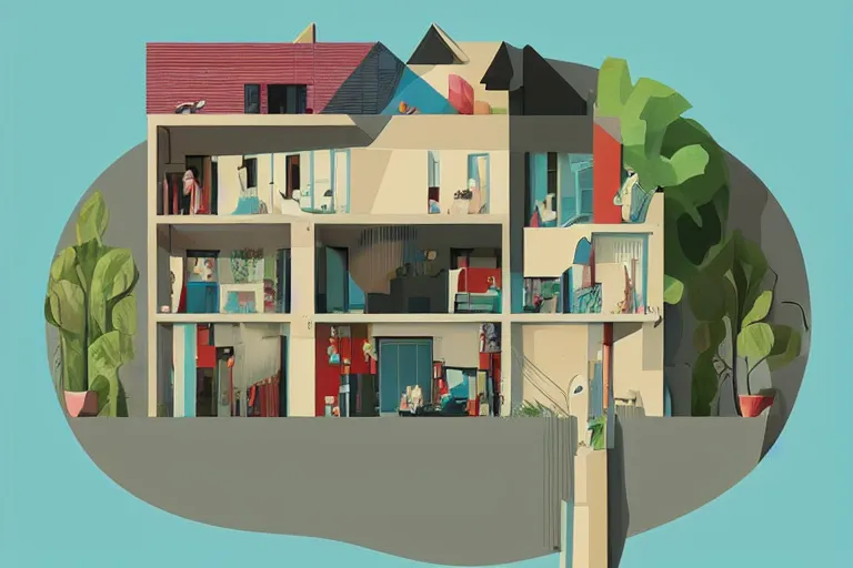 Image similar to a beautiful flat 2 dimensional illustration of a cross section of a house, view from the side, a storybook illustration by muti and james gilleard, colorful, minimalism, featured on dribble, unique architecture, behance hd, dynamic composition