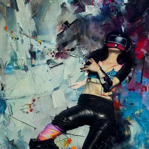 Image similar to grinning woman in a vr headset wearing leather outfit, dynamic energic pose, cyberpunk in the style of adrian ghenie, esao andrews, jenny saville, surrealism, dark art by james jean, takato yamamoto