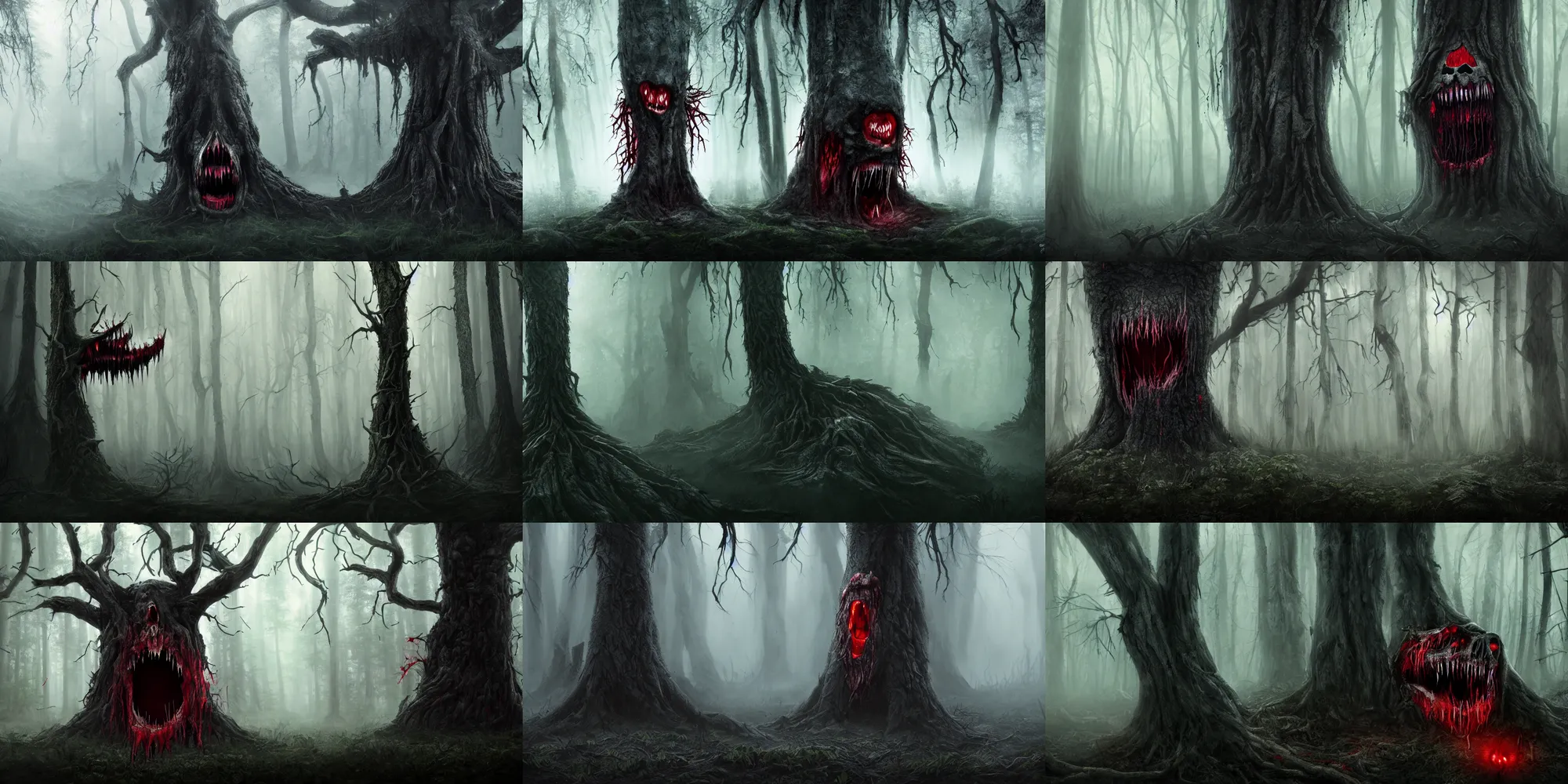 Prompt: dark forest shrouded in mist, a tree with bloody fanged mouth gaping open fangs visible, screaming face on tree trunk with fangs, forbearing, oppressive, epic composition, digital art, concept art, 4 k, highly detailed