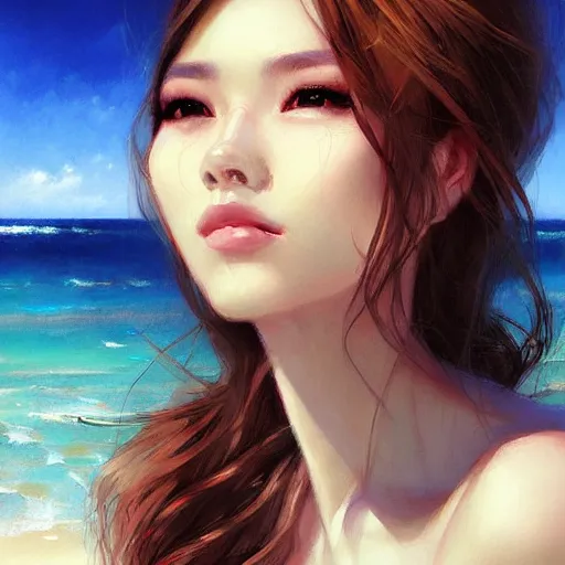 Prompt: portrait of beautiful woman on the beach, by wlop, rossdraws, artgerm.