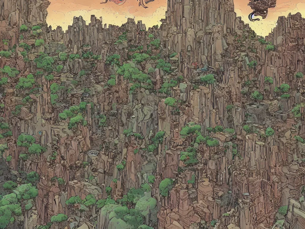 Image similar to temple, stone canyon, alien world, by Sam Bosma and Geof Darrow, science fiction, trending on artstation