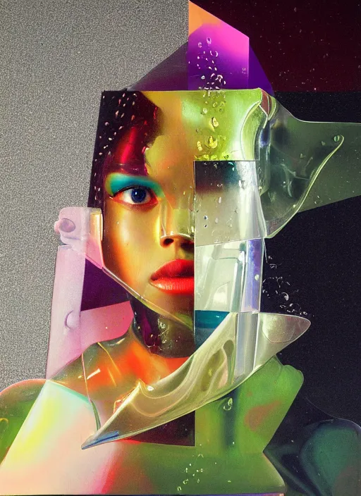 Image similar to futuristic lasers tracing, colorsmoke, leather fullbodysuit, pyramid hoodvisor, raindrops, wet, oiled, beautiful cyborg girl, by steven meisel, kaws, rolf armstrong, mondrian, kandinsky, perfect geometry abstract acrylic, octane hyperrealism photorealistic airbrush collage painting, dark monochrome, fluorescent colors, minimalist rule of thirds, eighties eros