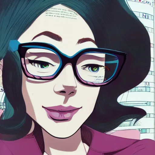 Prompt: a beautiful woman wearing glasses reading a book, cel shaded art by josan gonzalez and jamie hewlett and ilya kuvshinov