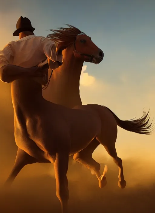 Image similar to horse subdues on man shoulders, volumetric lighting, beautiful, golden hour, sharp focus, ultra detailed, cgsociety by dali, noir photorealism, film