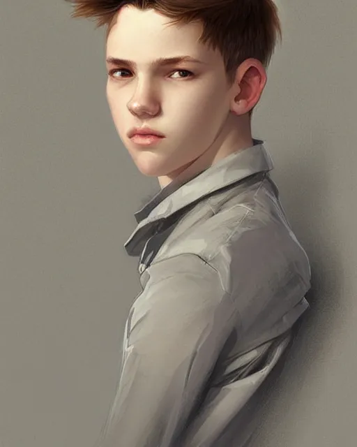 Image similar to portrait of 1 5 - year - old boy, with slender, white - blond hair, cold grey eyes, a pale complexion with sharp and pointed features, highly detailed, digital painting, artstation, concept art, smooth, sharp focus, illustration, art by artgerm and greg rutkowski and alphonse mucha