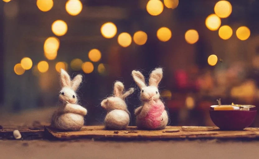 Image similar to miniature cafe diorama macro photography, cafe with felted bunnies on a date, alleyway, ambient, atmospheric, british, cozy, bokeh, romantic, colorful lanterns