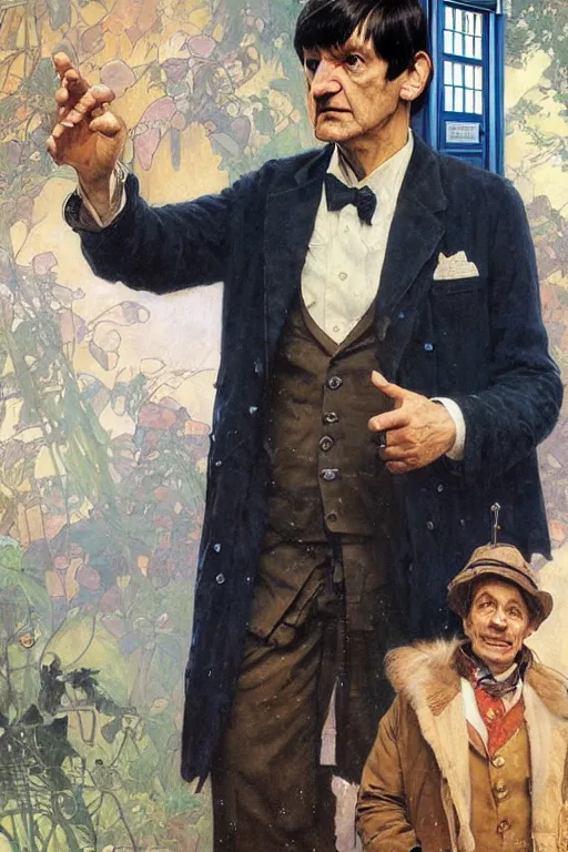 Prompt: The Second Doctor standing next to the TARDIS, portrait by Stanley Artgerm Lau, greg rutkowski, thomas kindkade, alphonse mucha, loish, norman Rockwell