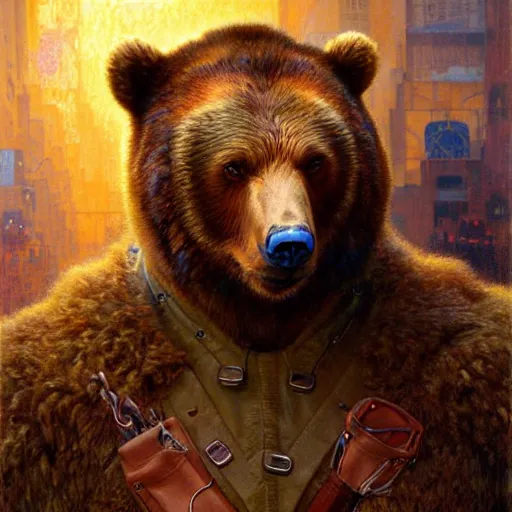 Image similar to portrait of a bear bearman in a police uniform. shadowrun furaffiniy cyberpunk fantasy highly detailed painting by gaston bussiere craig mullins jc leyendecker gustav klimt artgerm greg rutkowski john berkey, bergey, craig mullins, ruan jia, raymond swanland, jeremy mann, tom lovell, alex malveda