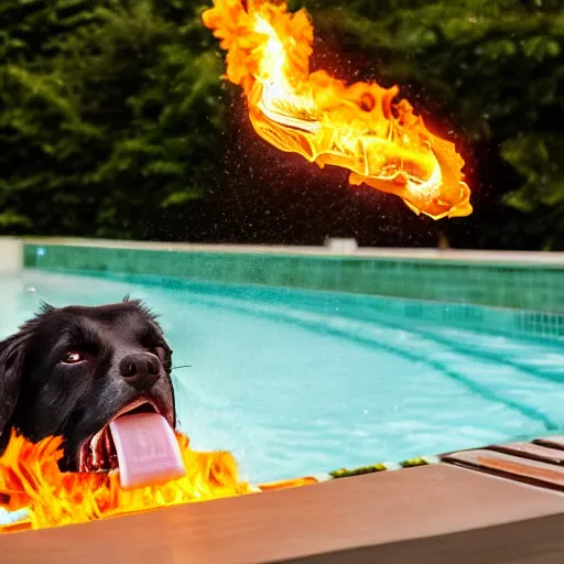 Prompt: dog-garlic spewing fire from his mouth while in the pool