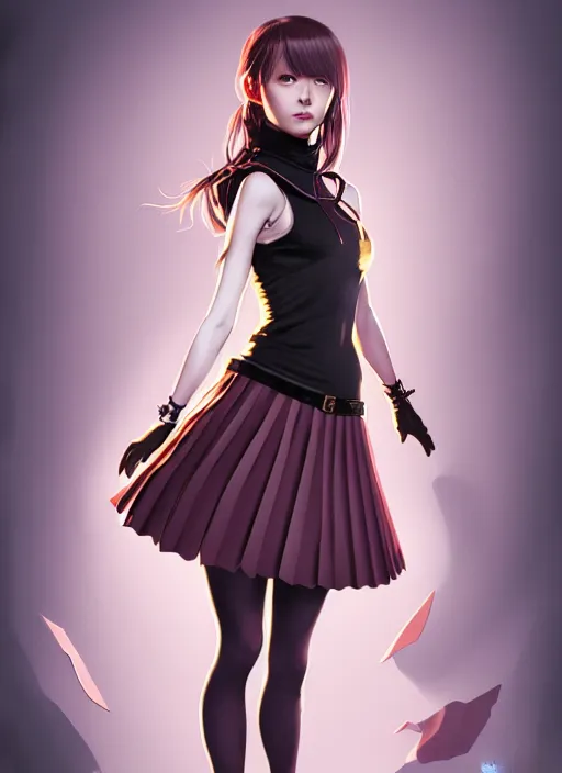 Image similar to portrait of a full body of beautiful young female detective, d & d, sleeveless turtleneck, pleated skirt, fantasy, flat lighting, intricate, highly detailed, digital painting, artstation, concept art, smooth, sharp focus, illustration, misa amane, art by simon bisley and greg rutkowski and alphonse mucha, natural tpose