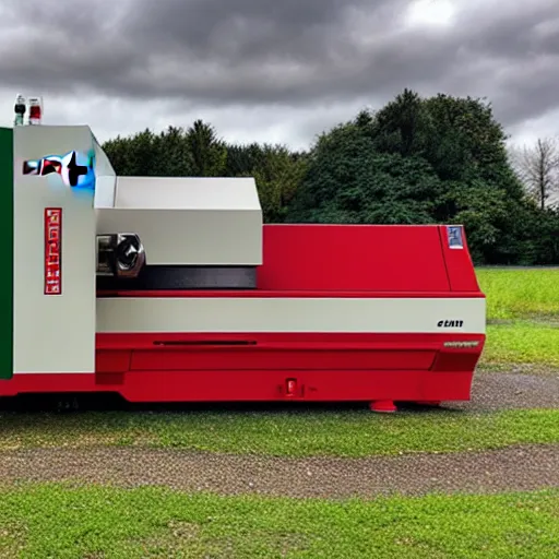 Image similar to cnc lathe from haas st - 3 0 stands in a green field, the sky is bright red with clouds