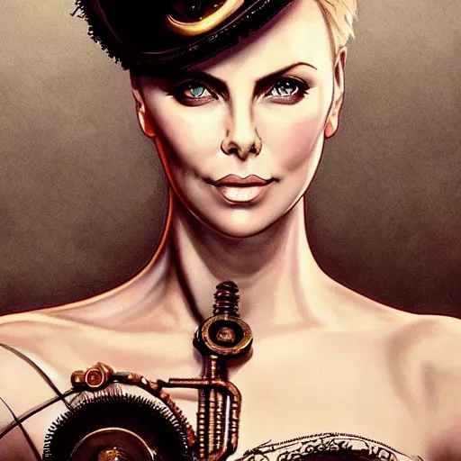 Prompt: beautiful Charlize Theron, perfect face and body, in detailed steampunk dress, smooth, sharp focus, illustration, realistic, cinematic, artstation, cinematic, award winning, original modern artwork, set on H. R. Giger aesthetic, rgb ethereal lighting,8k