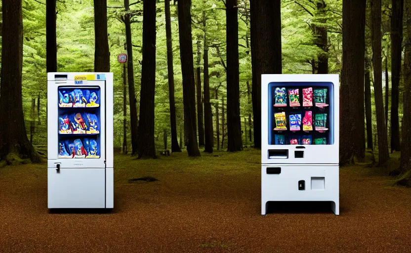 Prompt: photograph of Japanese vending machine in the middle of a forest, one point perspective, 1-point perspective, tilt shift, sigma 85mm f/1.4, 4k, depth of field, high resolution, 4k, 8k, hd, full color