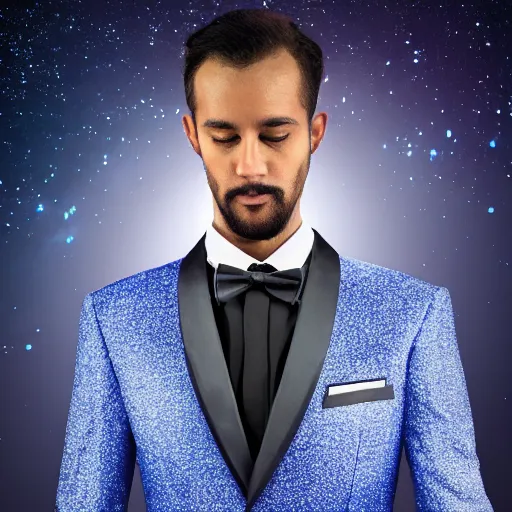 Image similar to photo of a man wearing a galaxy coloured tuxedo