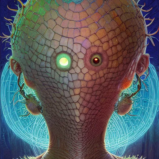 Image similar to fungus labyrinth mohawk scales reflector portrait by gaston bussierre and charles vess and james jean and erik jones and rhads, inspired by rick and morty, epic, funny, huge scale, beautiful fine face features, intricate high details, sharp, ultradetailed