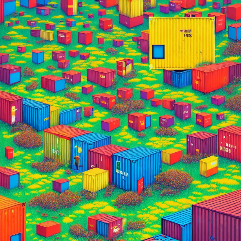 Prompt: surreal glimpse into other universe, stacks of shipping container, summer morning, very coherent and colorful high contrast, art by!!!! gediminas pranckevicius!!!!, geof darrow, floralpunk screen printing woodblock, dark shadows, hard lighting, stipple brush technique,