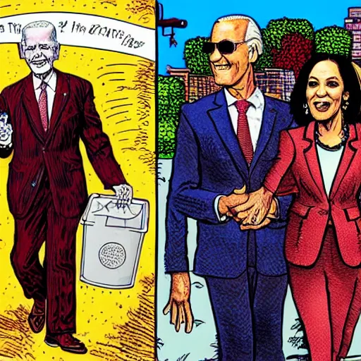 Image similar to The Artwork of R. Crumb and his Cheap Suit - Joe Biden and Kamala Harris, pencil and colored marker artwork, trailer-trash lifestyle