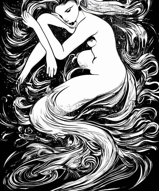 Prompt: black and white illustration, creative design, beautiful mermaid in swirling water