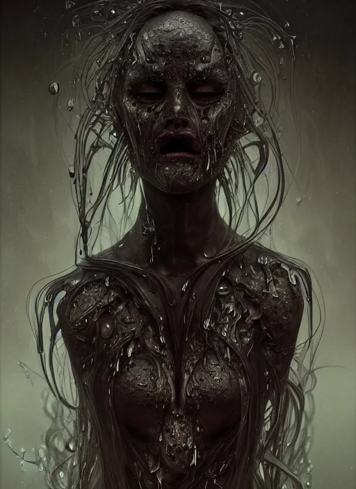 Image similar to a full body perspective of a creepy preistess of moody elemental darkness, crooked nose, wet, fantasy, shiny, intricate, elegant, highly detailed, ultra definition, digital painting, artstation, vray, concept art, smooth, high speed photography, illustration, art by artgerm and greg rutkowski and alphonse mucha and james jean