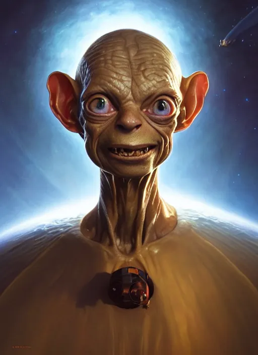 Image similar to portrait of gollum as astronaut, subsurface scattering, by jesper ejsing, justin gerard, tomasz alen kopera, cgsociety and fenghua zhong, highly detailed, rim light, cinematic lighting, illustration, art, octane render, very coherent, cinematic, hyper realism, high detail, octane render, 8 k