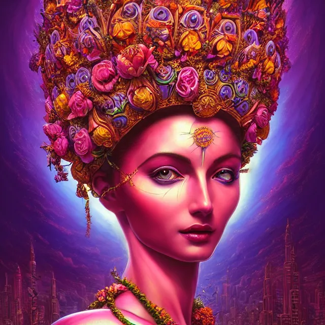 Image similar to Beautiful 3d render of the flower queen goddess in a sensual pose, centered, symmetry, with the third eye on her forehead, painted, intricate, volumetric lighting, beautiful, rich deep colours masterpiece, sharp focus, ultra detailed, in the style of Dan Mumford and marc simonetti, with a clear crowded futuristic cyberpunk dubai city in the background, astrophotography