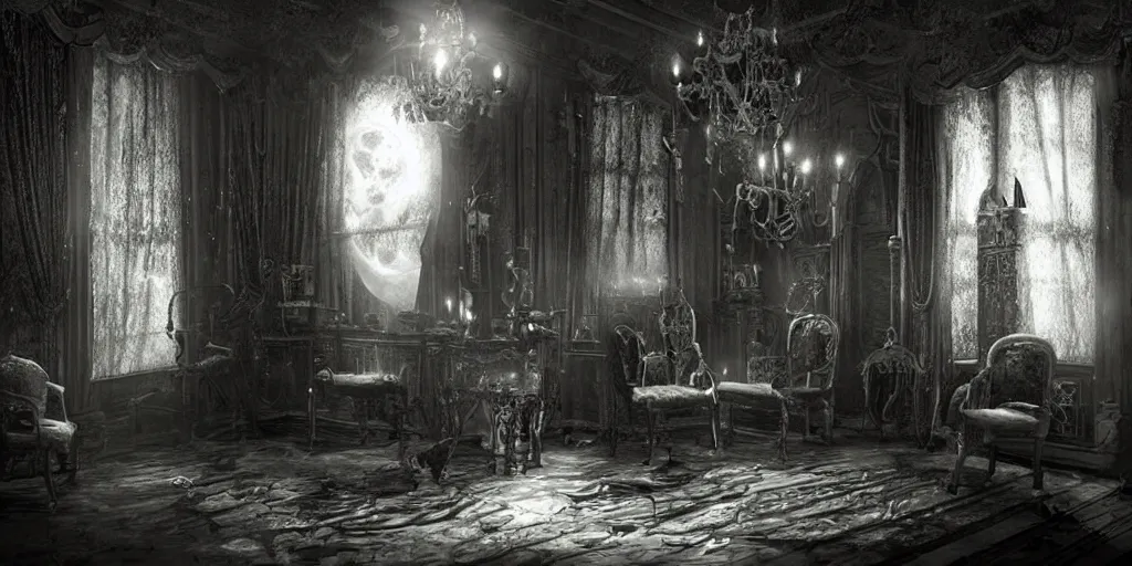 Image similar to inside a haunted mansion at night, moonlight shines through the windows, hyper realistic, dramatic shadows, gothic