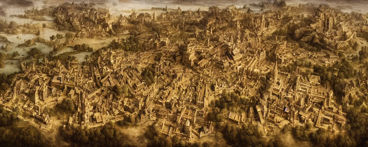 Image similar to a epic scene of utopia, aerial photography, by leonardo da vinci, on artstation, ultra detailed,