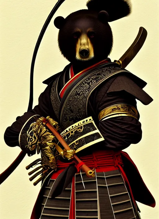 Image similar to anthropomorphic samurai bear, dramatic pose, diffuse lighting, fantasy, intricate, highly detailed, lifelike, photorealistic, digital painting, artstation, illustration, concept art, smooth, sharp focus, art by alphonse mucha and kitagawa utamaro and ogata korin and aya takano