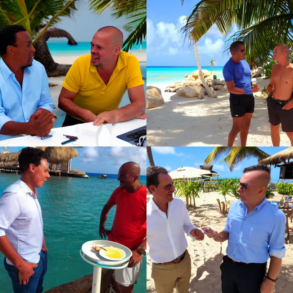 Prompt: nigel and lino discussing business plans in aruba