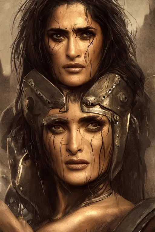 Image similar to portrait, Salma Hayek , barbarian , dressed in tattered black leather , face portrait, raphael lacoste, eddie mendoza, alex ross, concept art, matte painting, highly detailed, rule of thirds, dynamic lighting, cinematic, detailed, denoised, centred