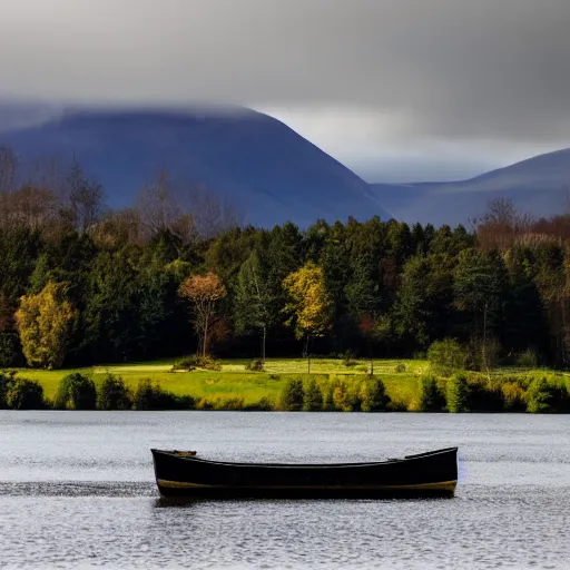 Image similar to a cinematic shot of an old blue rowing boat at the side of a still loch with the reflection of the trees and high forested scottish mountains visible reflecting in the water and a large house barely visible in the distance on the opposite side of the water through a gap in the trees