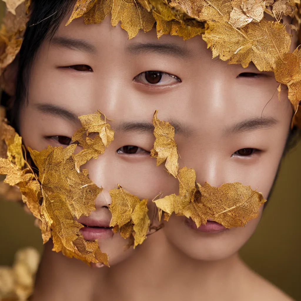 Prompt: close up portrait of a young korean face, gold leaves and violet silk threads mask, fashion magazine, portrait photography, annie leibovitz, david lazar, 1 0 5 mm, f 2. 8, in autumn, 8 k, detailed