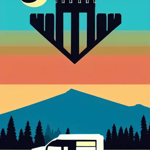 Image similar to a white and black cute thor chateau! motorhome camper!!, mountains, colorful sunset!!, stencil art by tom whalen