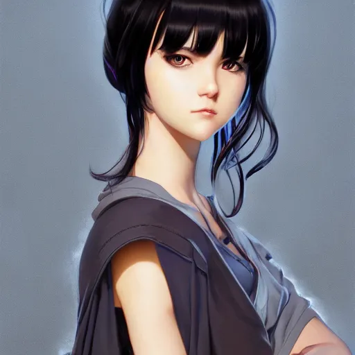 Prompt: portrait of beautiful symmetrical anime girl, black hair, attractive, casual, modern, highly detailed, digital painting, artstation, concept art, smooth, sharp focus, illustration, art by moebius artgerm, greg rutkowski and alphonse mucha, 8 k