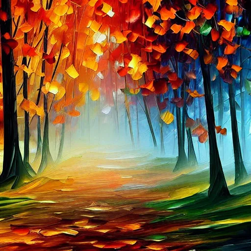 Image similar to beautiful leonid afremov painting of a foggy forest path on a lovely autumn day. trending on artstation 8k hq