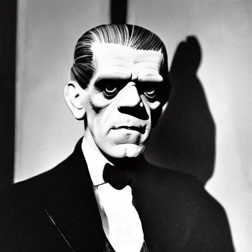 Image similar to boris karloff as frankenstein, dressed in a thirties suit and bowtie