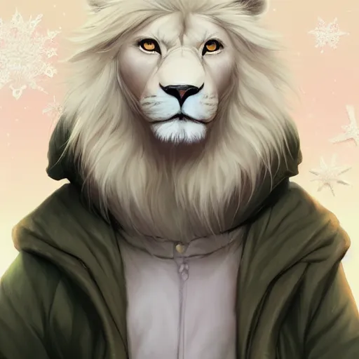 Image similar to aesthetic portrait commission of a albino male furry anthro lion wearing a cozy outfit in the snow pastel, Character design by charlie bowater, ross tran, artgerm, and makoto shinkai, detailed, inked, western comic book art, 2021 award winning painting