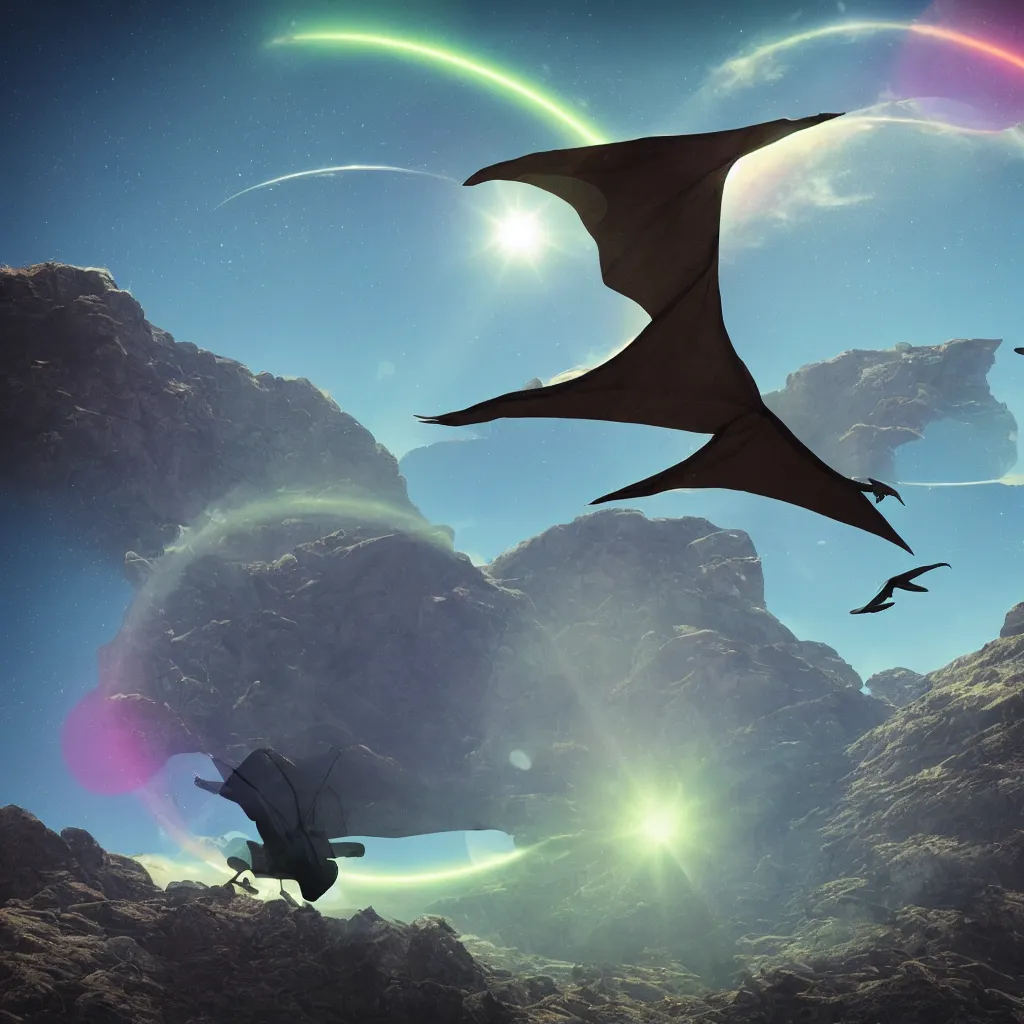 Image similar to organic alien pterodactyl flying over a mountainous alien landscape with visible planets in the sky, refraction, reflections, chromatic aberration, light scatter, ray tracing, dramatic sci-fi movie still