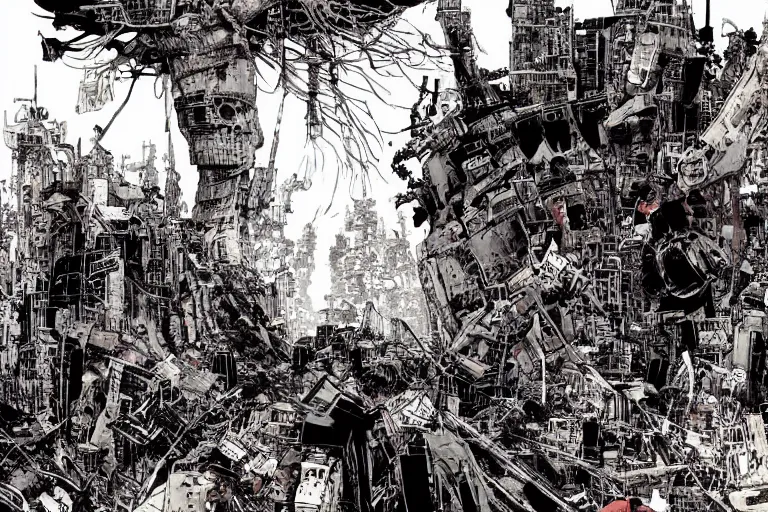 Image similar to no man's land, remnants of the human civilization, post-apocalyspe, a color illustration by Tsutomu Nihei, Tetsuo Hara and Katsuhiro Otomo