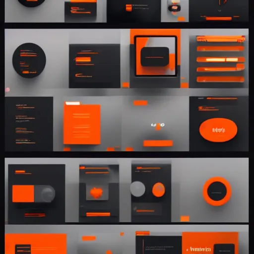 Prompt: modern UI/UX icons for an artistic website, black and orange colour palette, layout design, template sheet