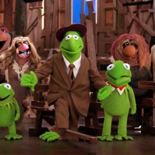 Prompt: movie still of muppets reenacting the crucifixion of jesus christ