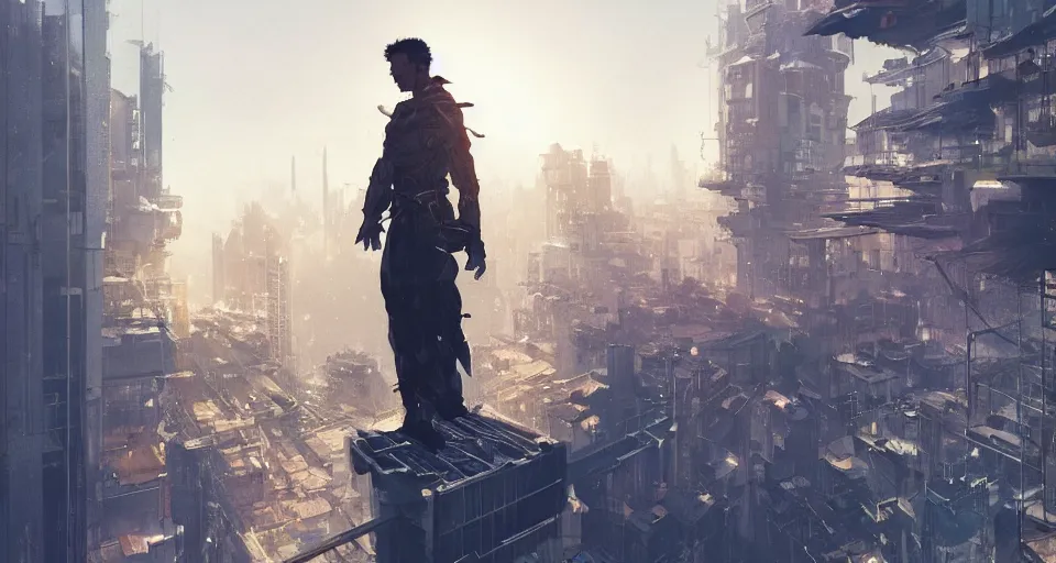 Prompt: a man standing on a balcony above a solarpunk city, dramatic lighting, illustration by greg rutkowski, yoji shinkawa, 4 k, digital art, concept art, trending on artstation