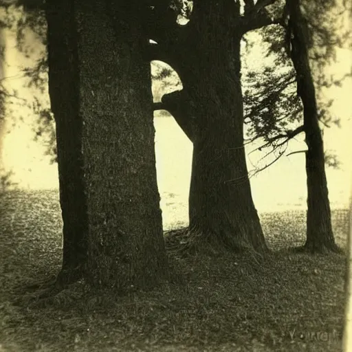 Prompt: shadow monster hiding behind a tree, vintage photo, eerie, 1920s